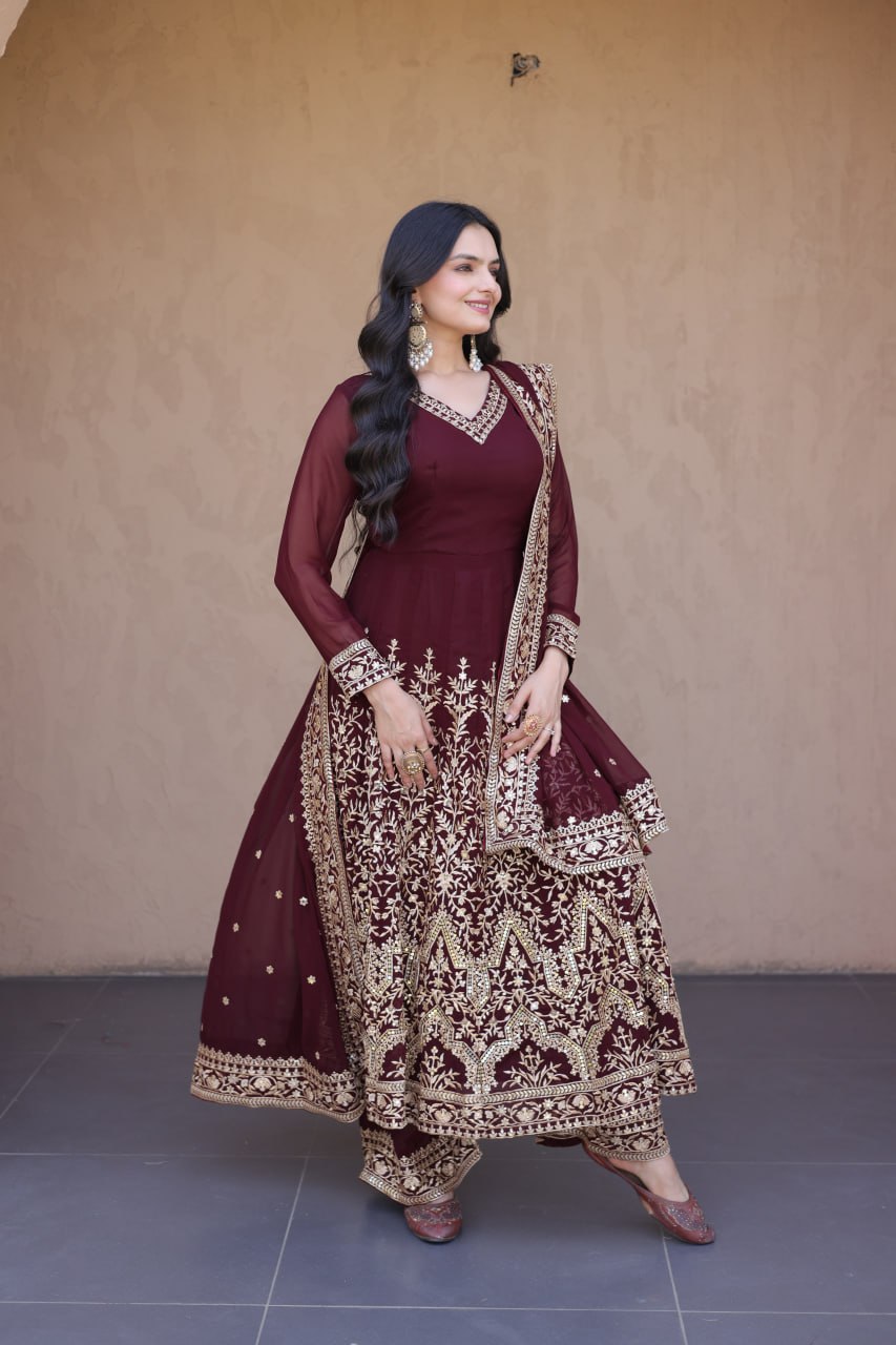 Maroon Embroidered Multi-Sequin Gown