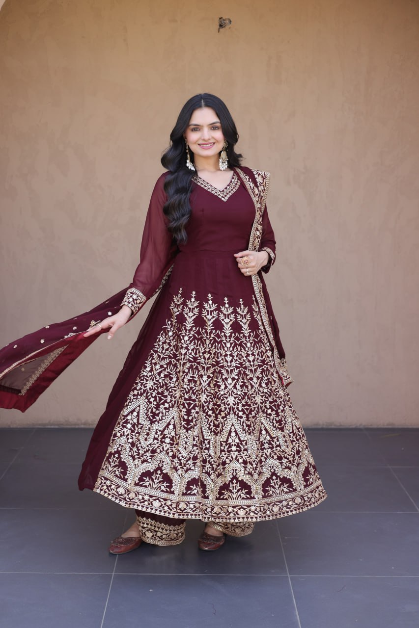 Maroon Embroidered Multi-Sequin Gown