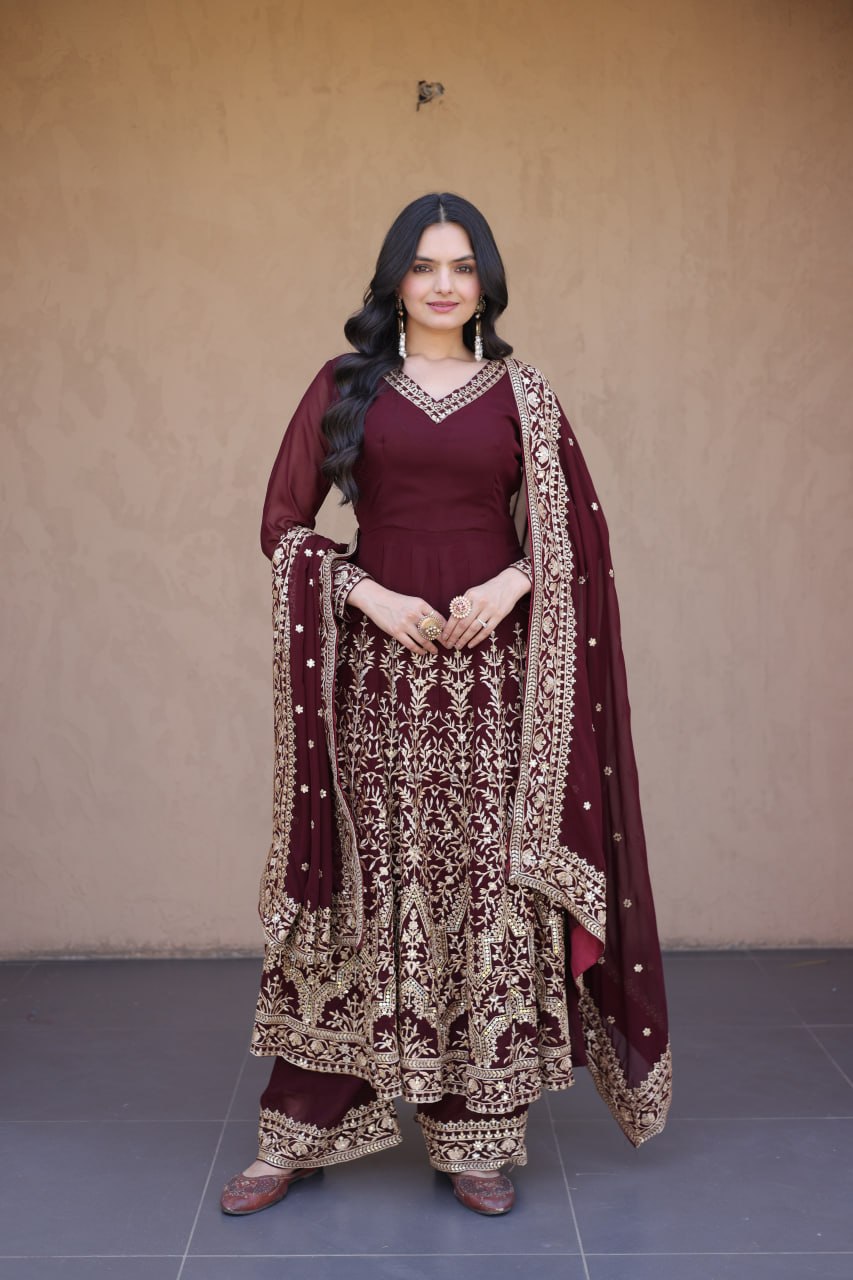 Maroon Embroidered Multi-Sequin Gown