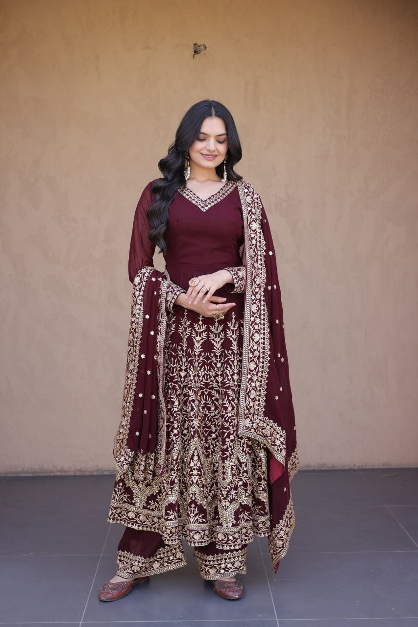 Maroon Embroidered Multi-Sequin Gown