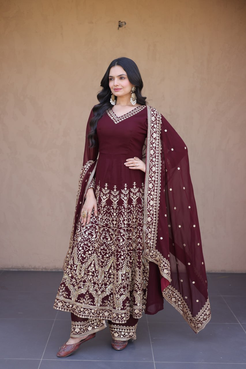 Maroon Embroidered Multi-Sequin Gown