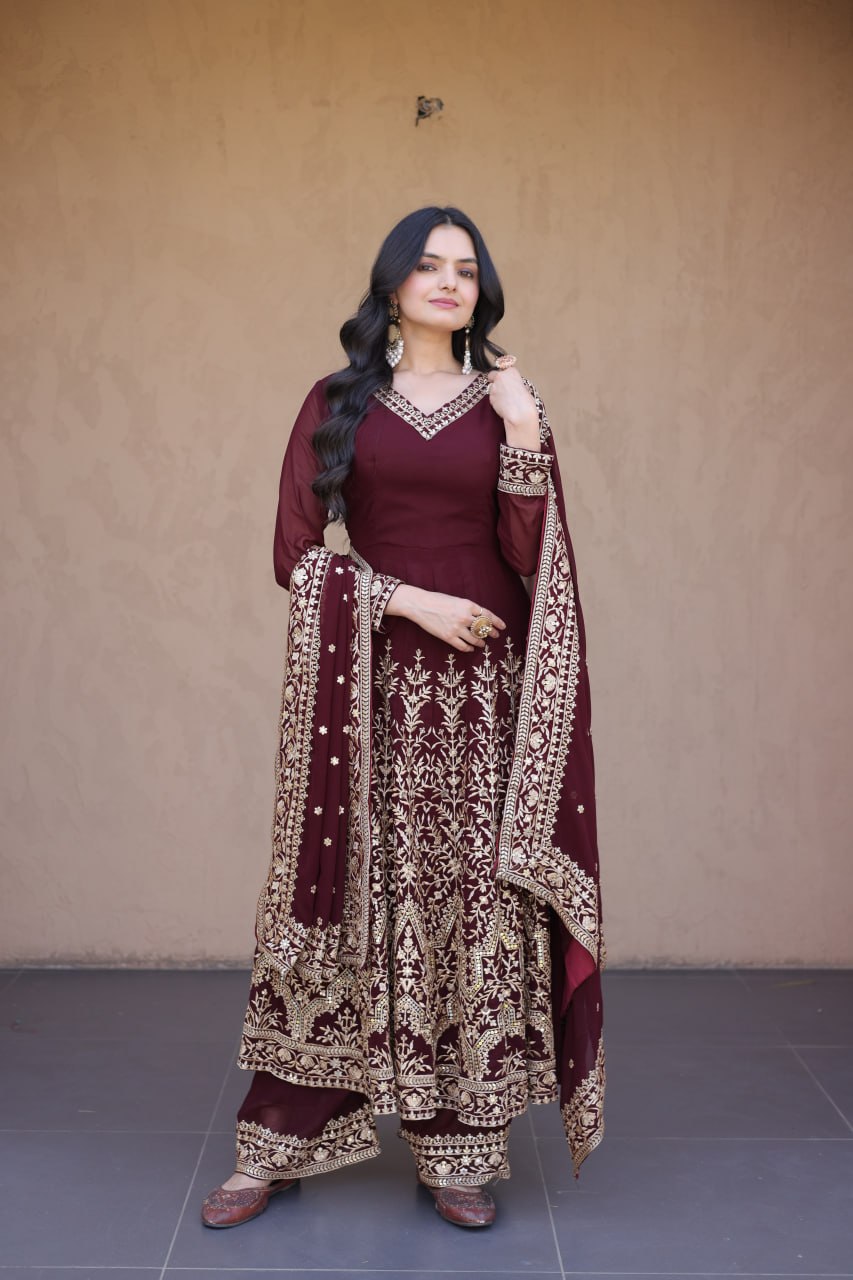 Maroon Embroidered Multi-Sequin Gown