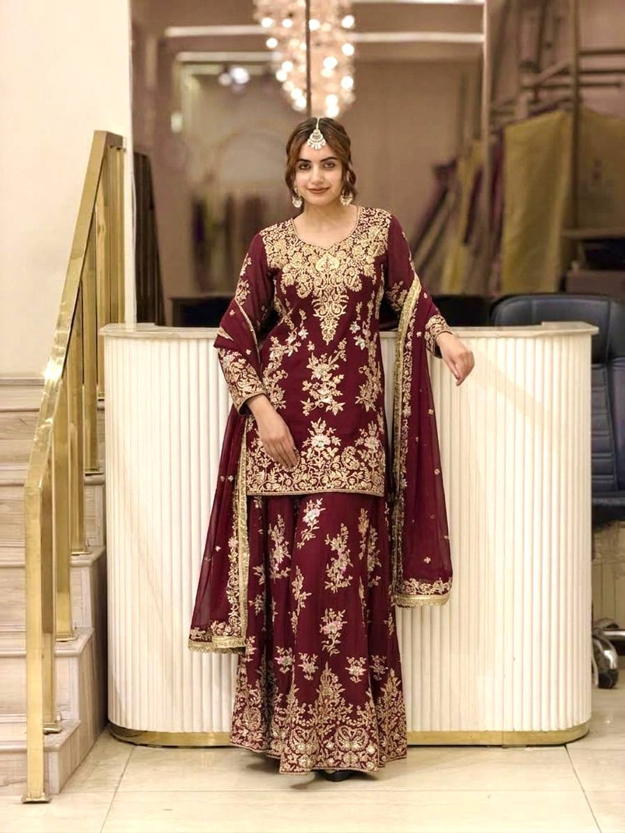 Maroon Embroidered Palazzo Suit