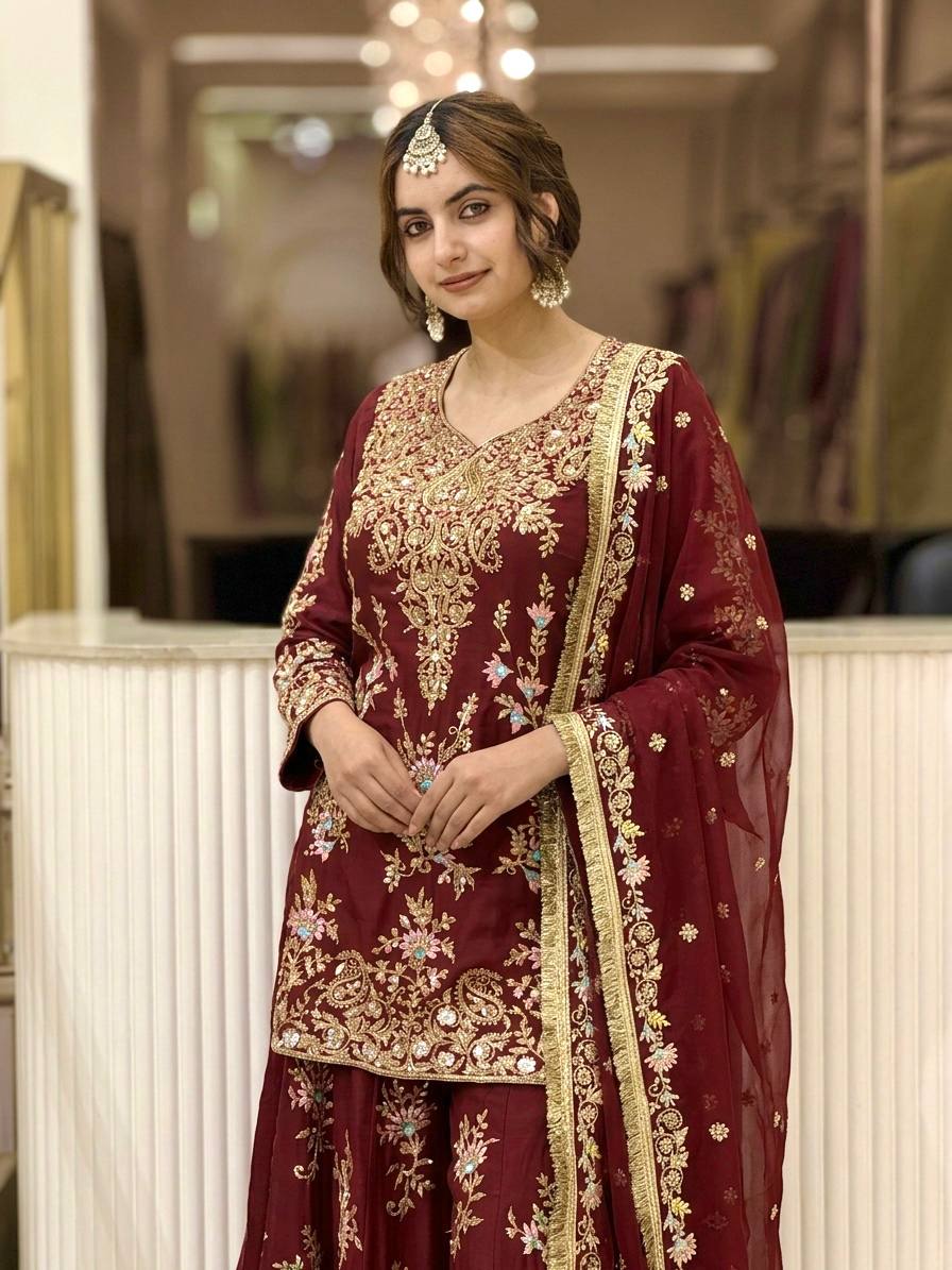 Maroon Embroidered Palazzo Suit