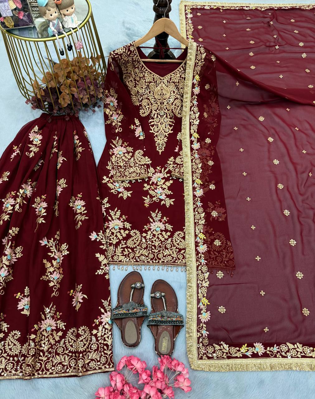 Maroon Embroidered Palazzo Suit