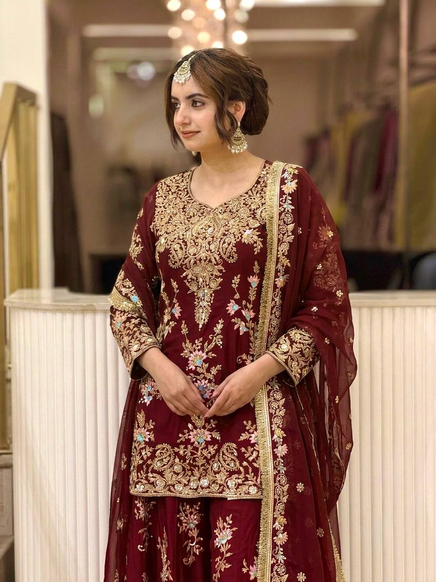 Maroon Embroidered Palazzo Suit