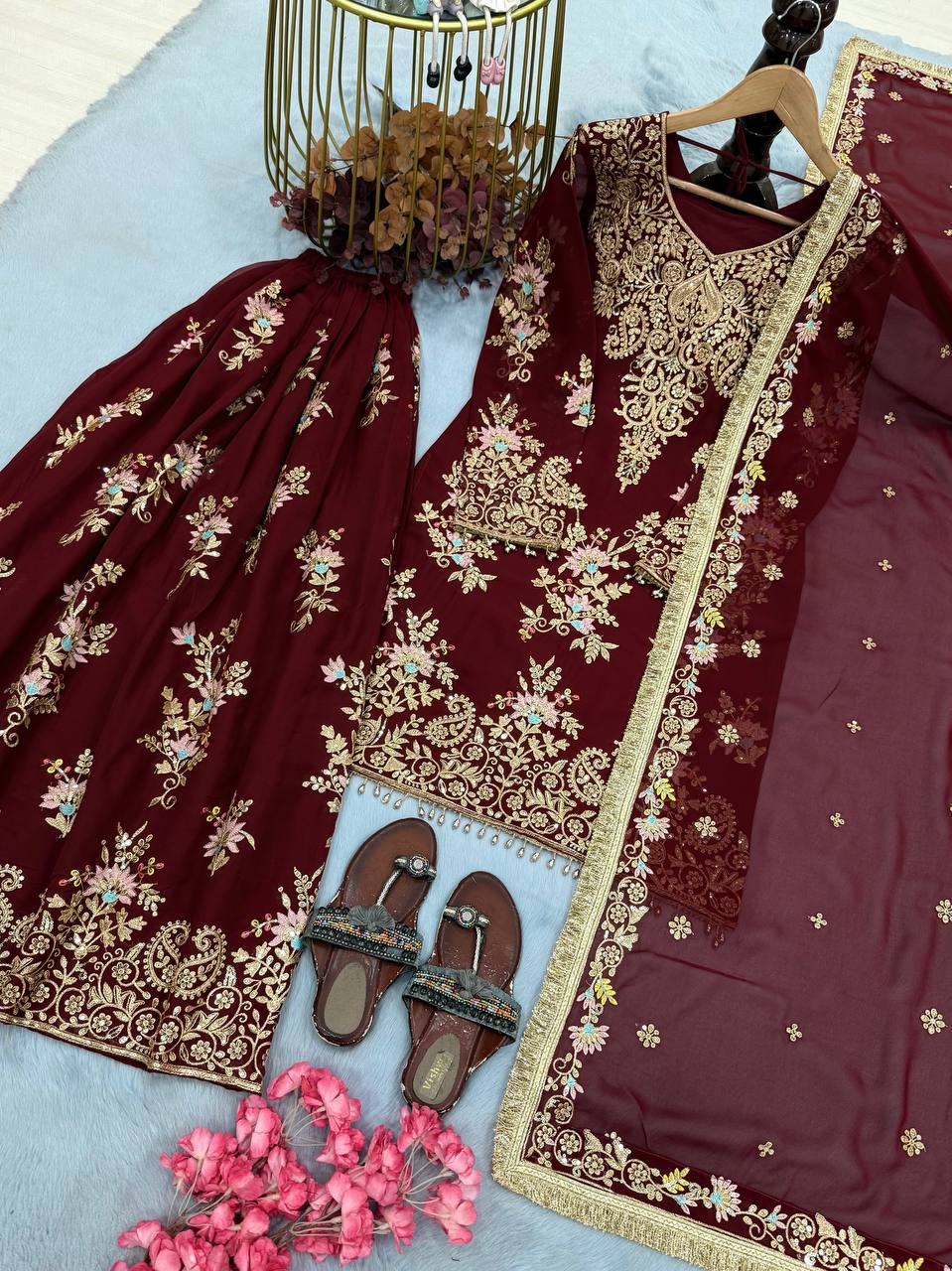 Maroon Embroidered Palazzo Suit