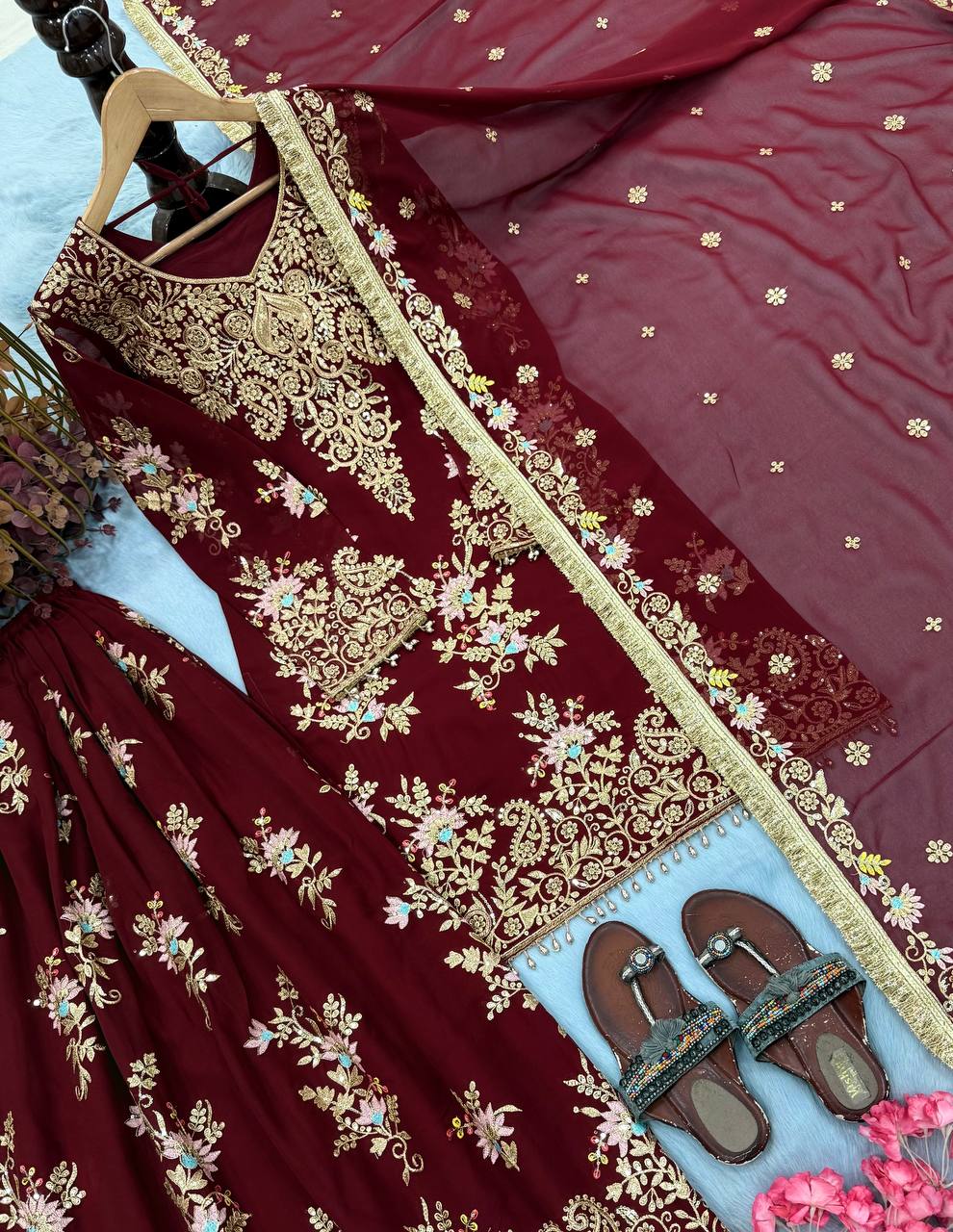 Maroon Embroidered Palazzo Suit