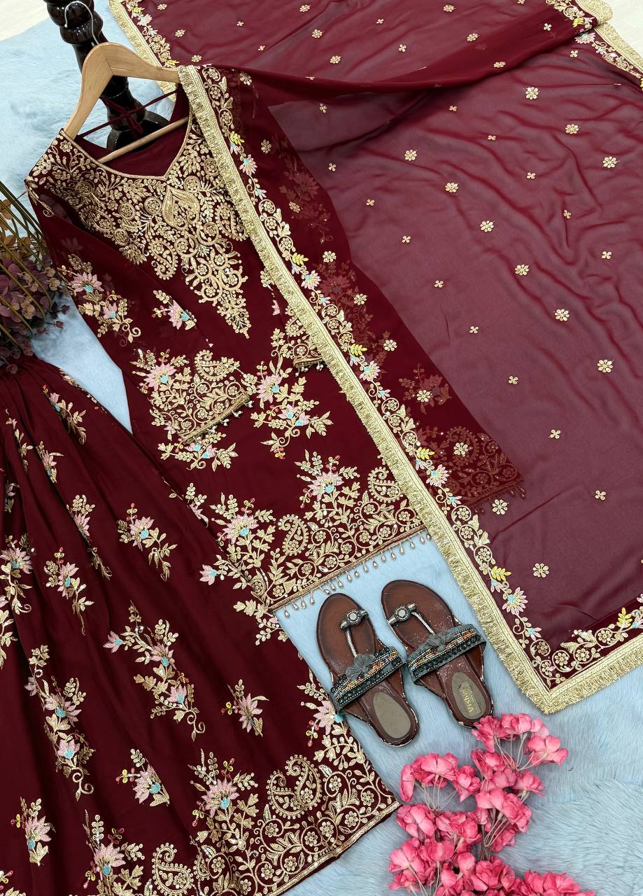 Maroon Embroidered Palazzo Suit