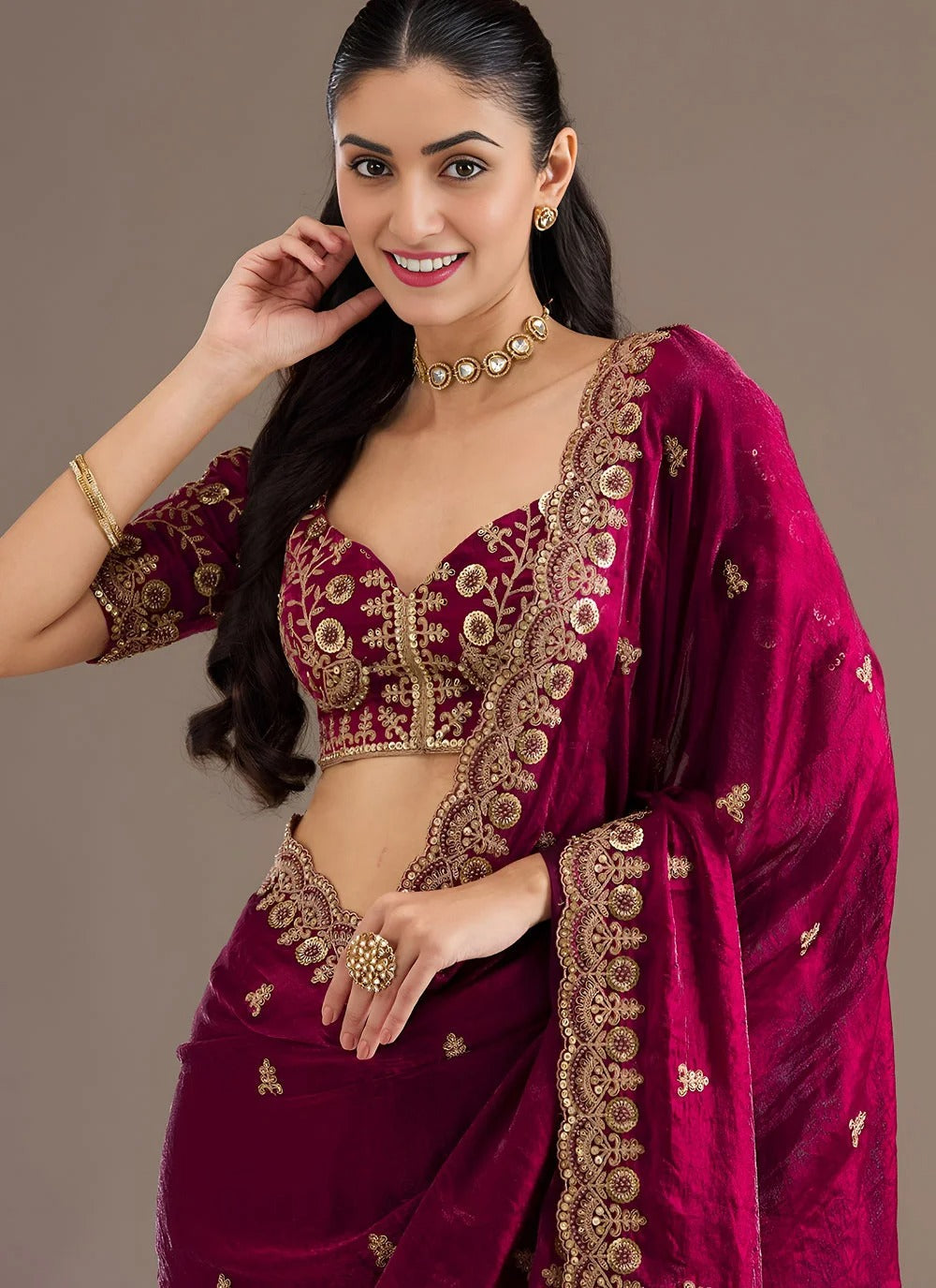 Opulent maroon tissue silk saree with zari dori sequins embroidery