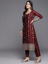 Libas Maroon Embroidered Silk Blend Pakistani Suit