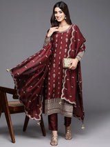 Libas Maroon Embroidered Silk Blend Pakistani Suit