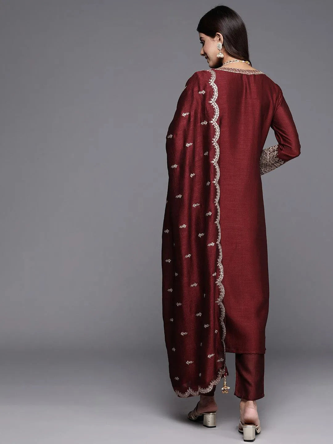 Libas Maroon Embroidered Silk Blend Pakistani Suit