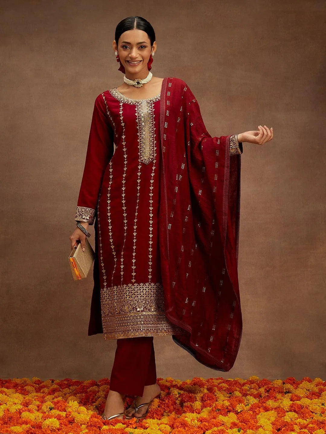 Mameraa Maroon Embroidered Silk Straight Suit With Dupatta