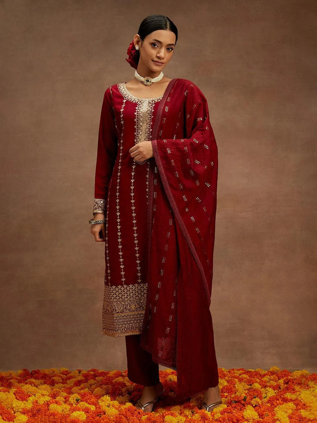 Mameraa Maroon Embroidered Silk Straight Suit With Dupatta