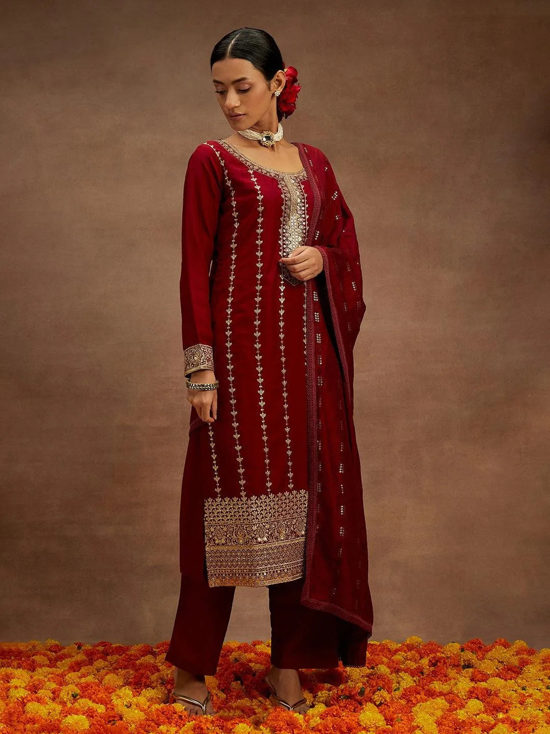 Mameraa Maroon Embroidered Silk Straight Suit With Dupatta