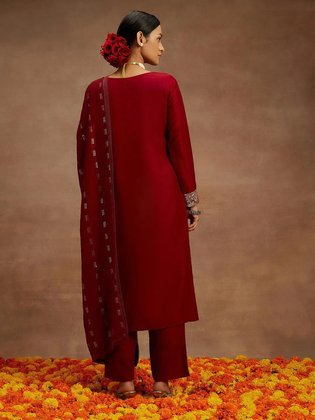 Mameraa Maroon Embroidered Silk Straight Suit With Dupatta