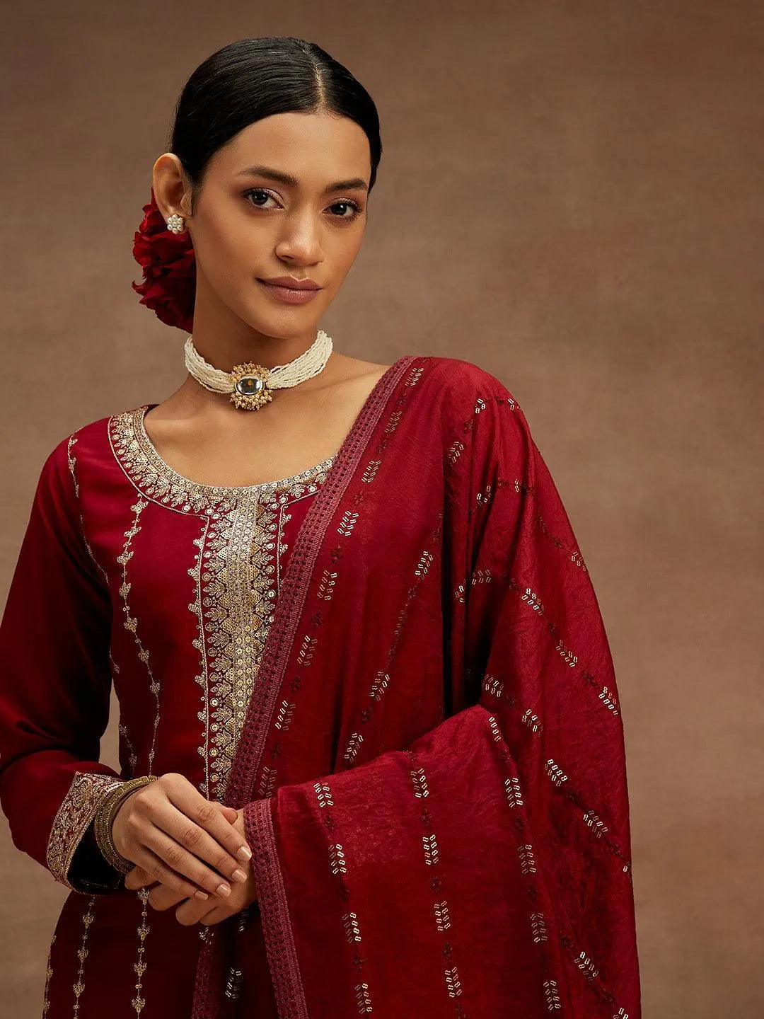 Mameraa Maroon Embroidered Silk Straight Suit With Dupatta