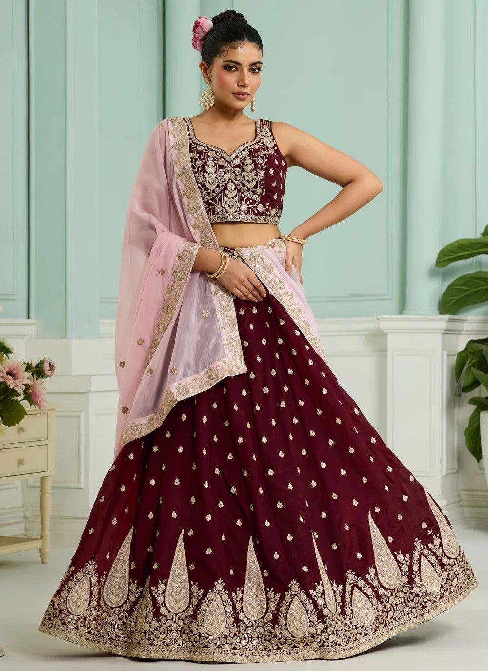 Maroon embroidered wedding lehenga choli in organza with pink dupatta