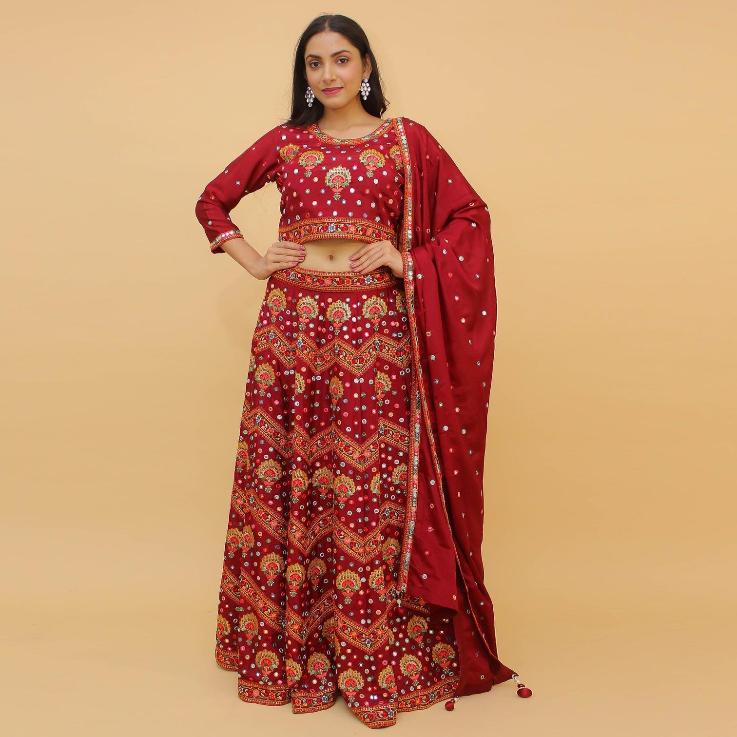 Maroon Embroidered With Embellished Chiffon Lehenga Choli