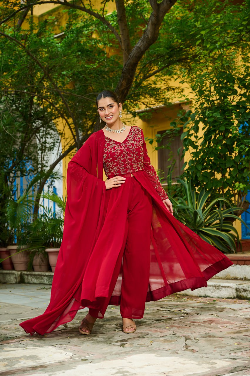 Maroon Faux Blooming Multithread Beads Embroidered Gown Set with Matching Bottom & Dupatta – Stitched Ensemble