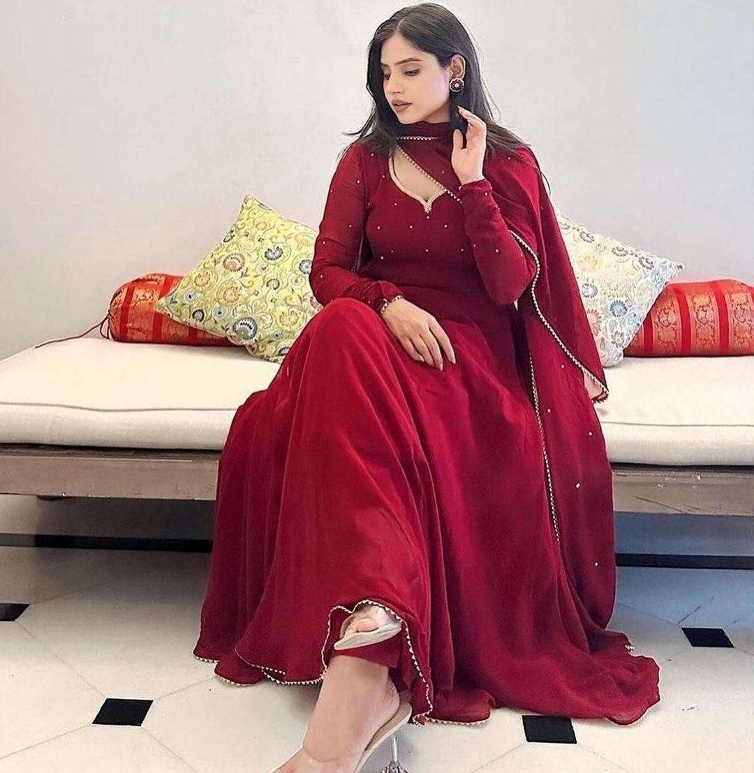 Maroon Faux Georgette Anarkali Suit Set