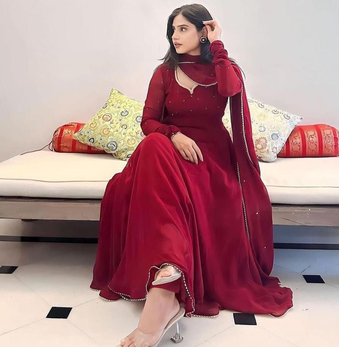 Maroon Faux Georgette Anarkali Suit Set