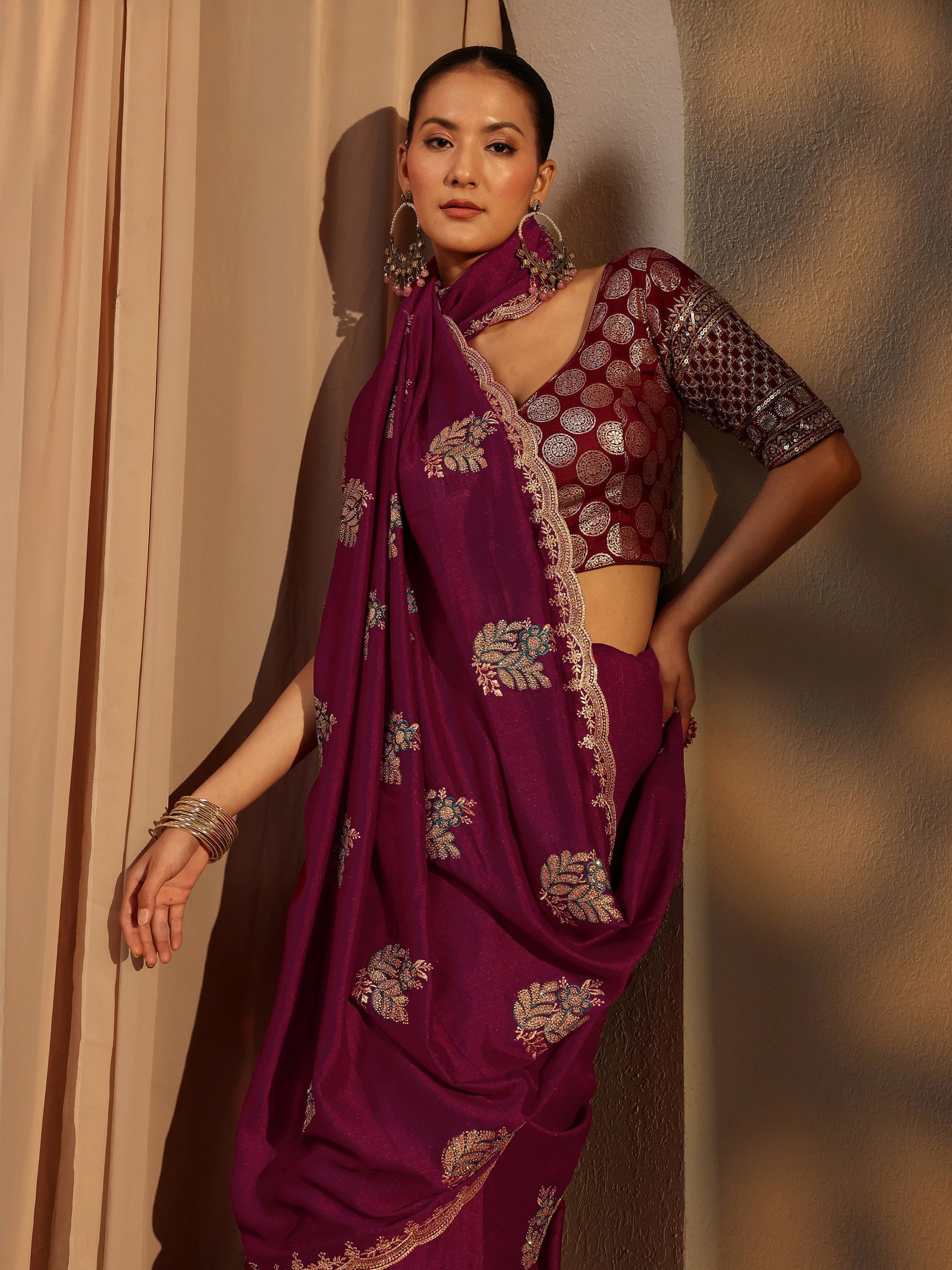 Libas Maroon Floral Embroidered Silk Blend Saree With Unstitched Blouse Piece