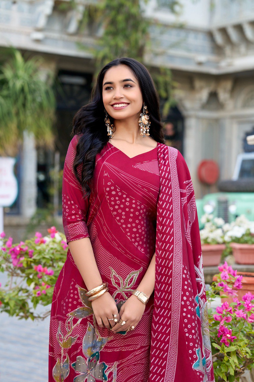 Maroon Floral Roman Silk Salwar Suit – Beads & Blooms Handcrafted Perfection