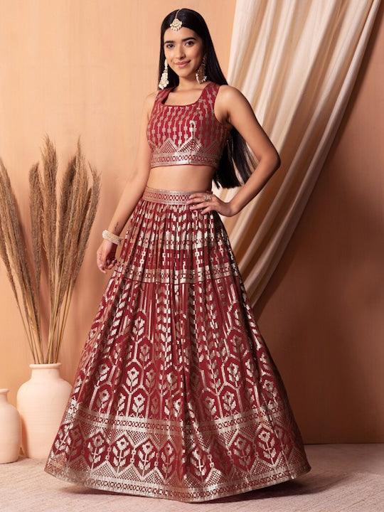 Maroon Georgette Sequinned pleated Lehenga Choli