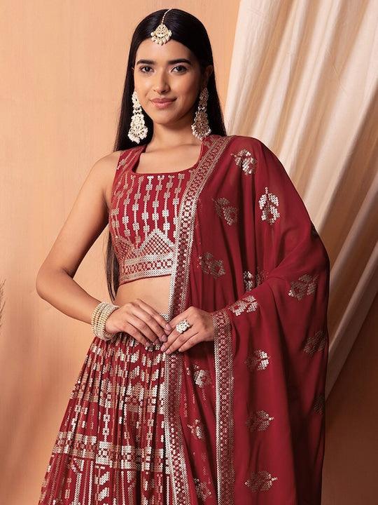 Maroon Georgette Sequinned pleated Lehenga Choli