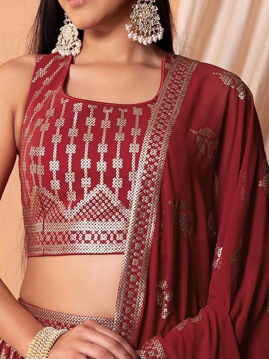 Maroon Georgette Sequinned pleated Lehenga Choli