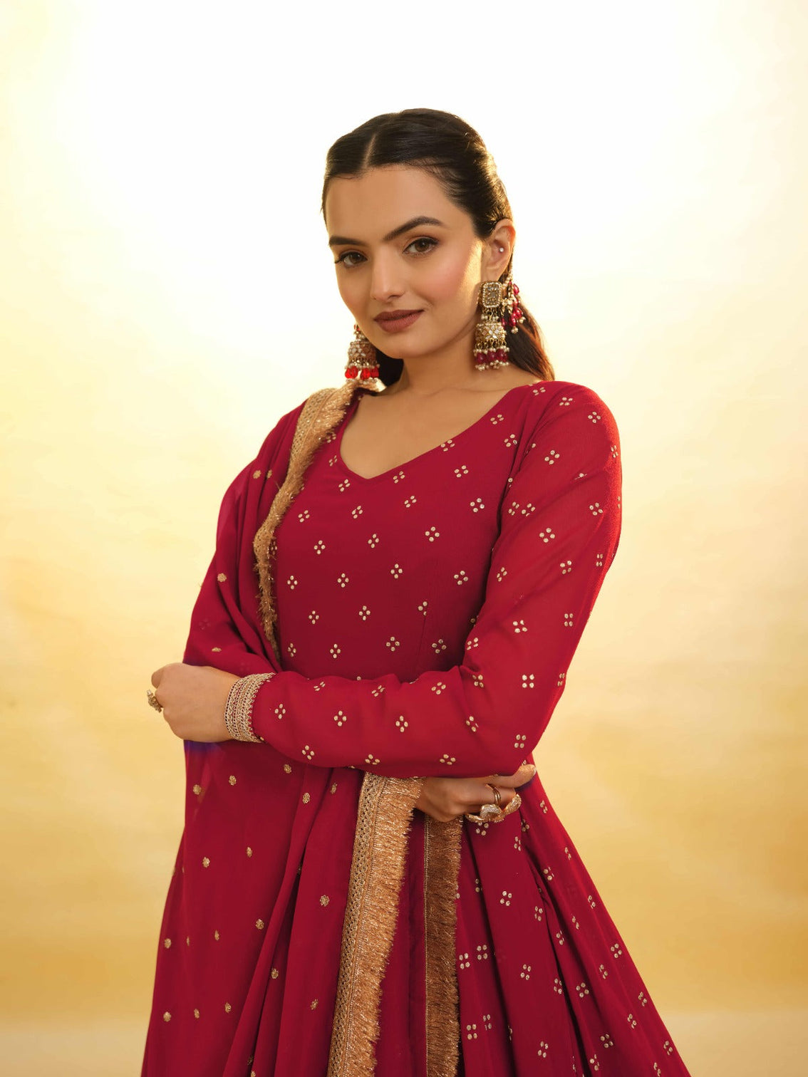 Maroon Georgette Suit with Embroidery and Shantoon Bottom