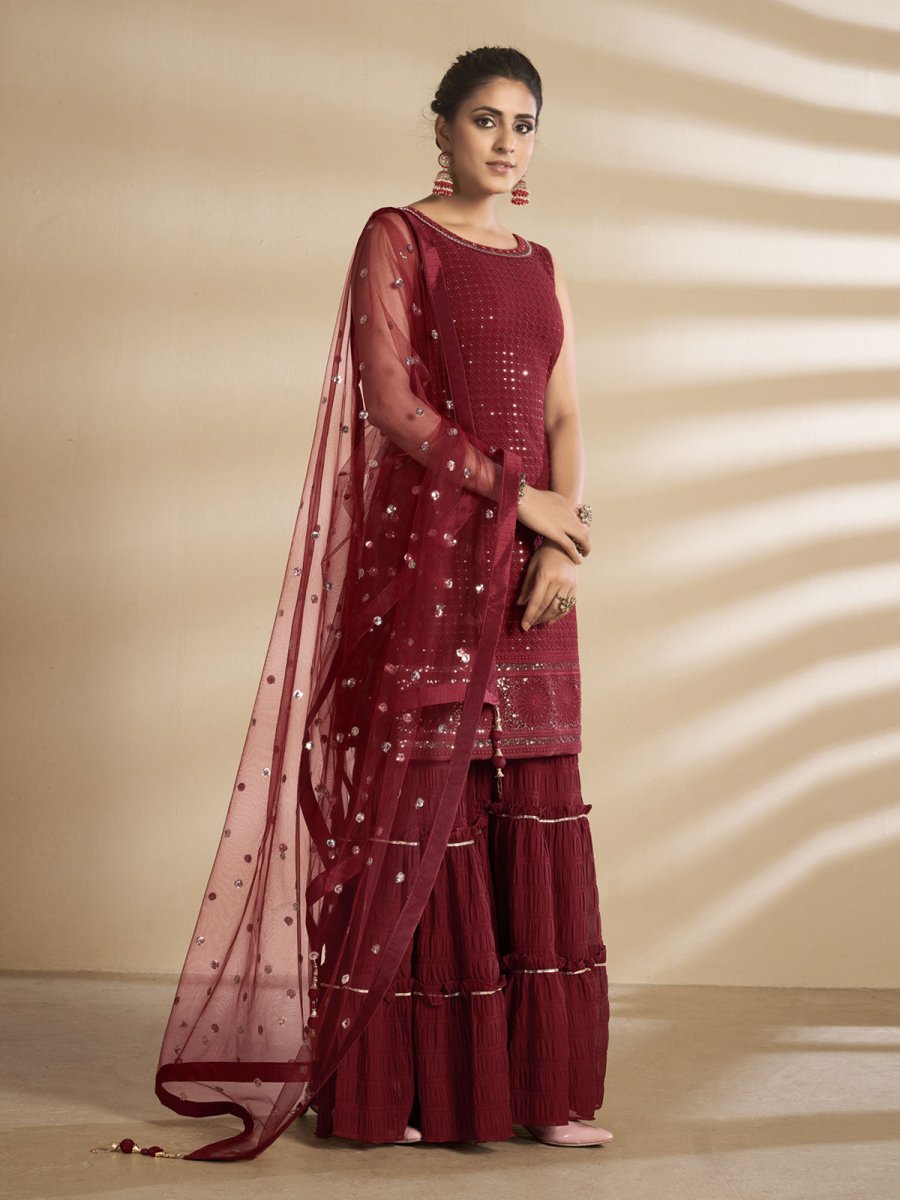 Maroon Georgette Wedding Sharara Suit