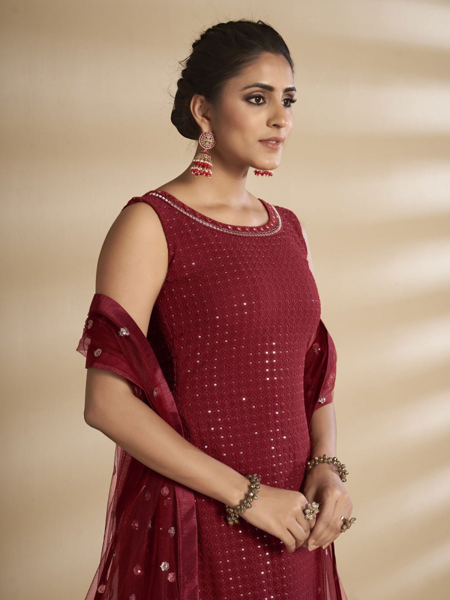 Maroon Georgette Wedding Sharara Suit