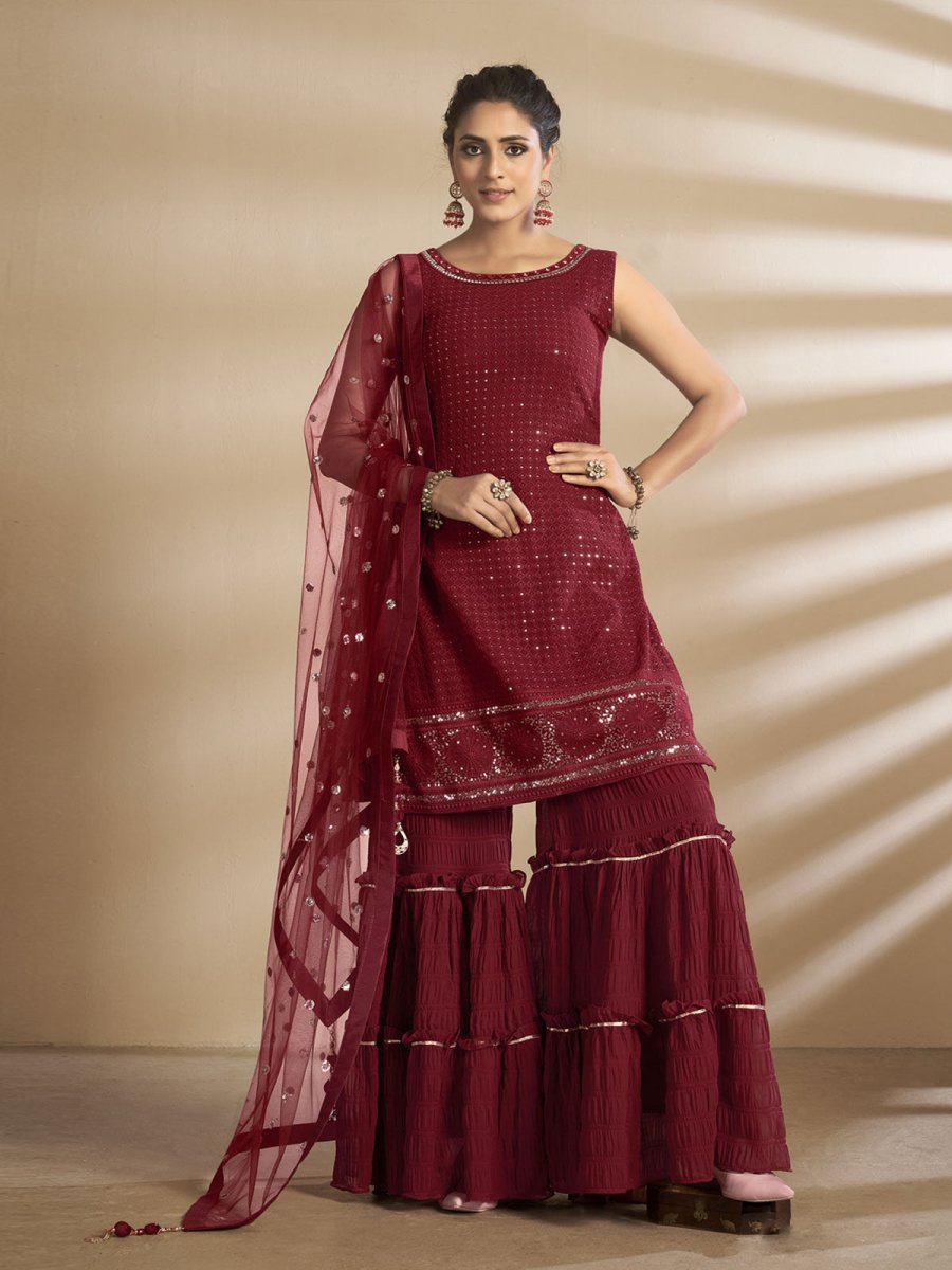 Maroon Georgette Wedding Sharara Suit