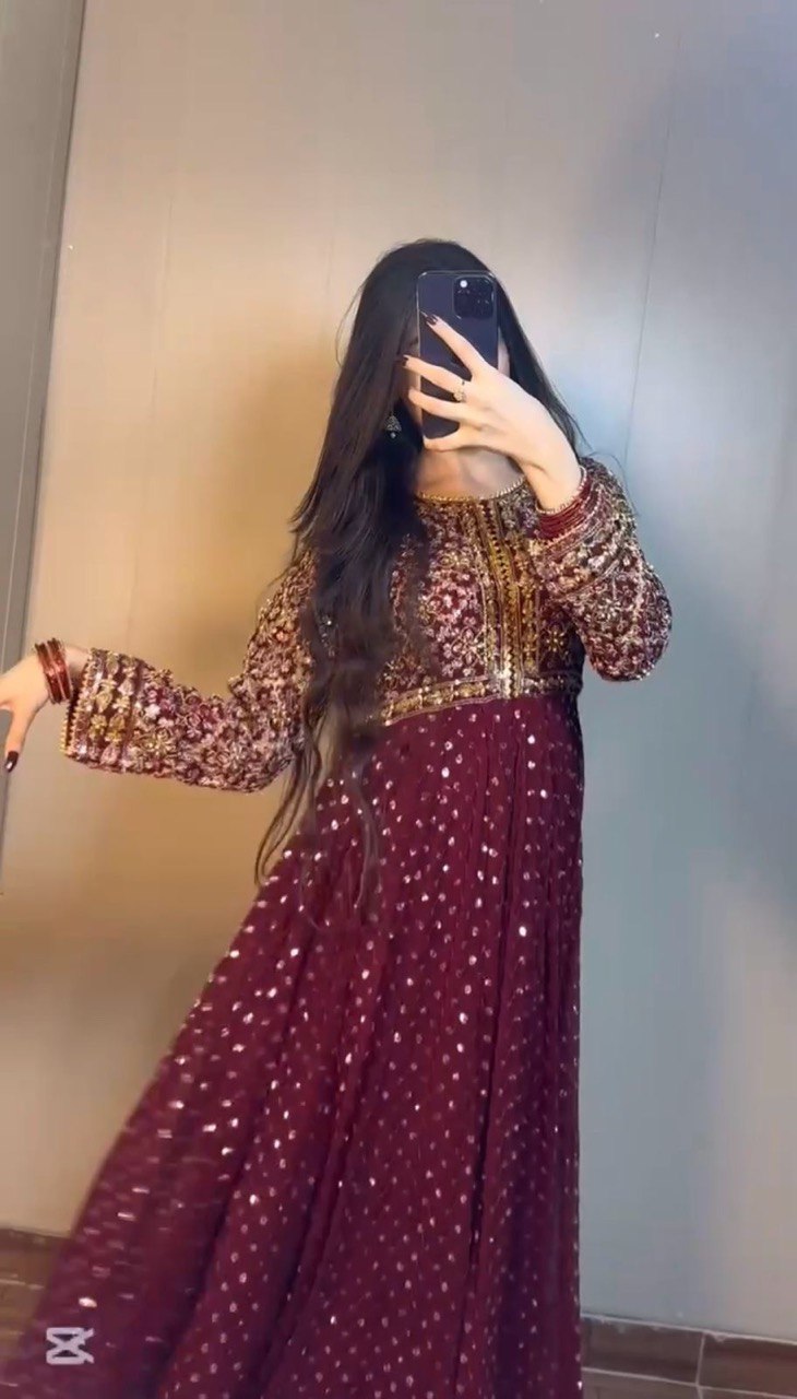 Maroon Glamorous Faux Georgette Gown with Embroidered Dupatta