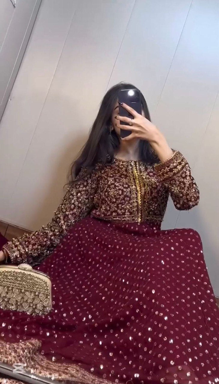 Maroon Glamorous Faux Georgette Gown with Embroidered Dupatta
