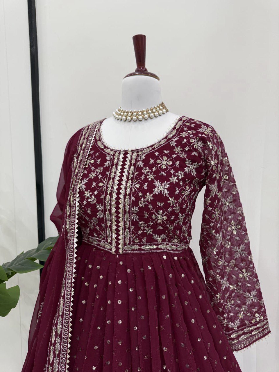 Maroon Glamorous Faux Georgette Gown with Embroidered Dupatta