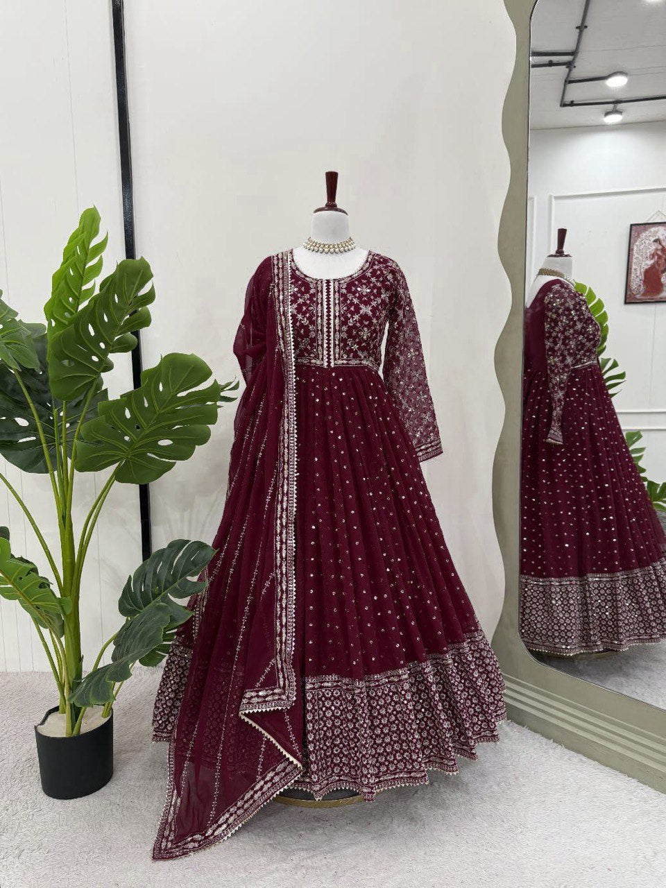 Maroon Glamorous Faux Georgette Gown with Embroidered Dupatta