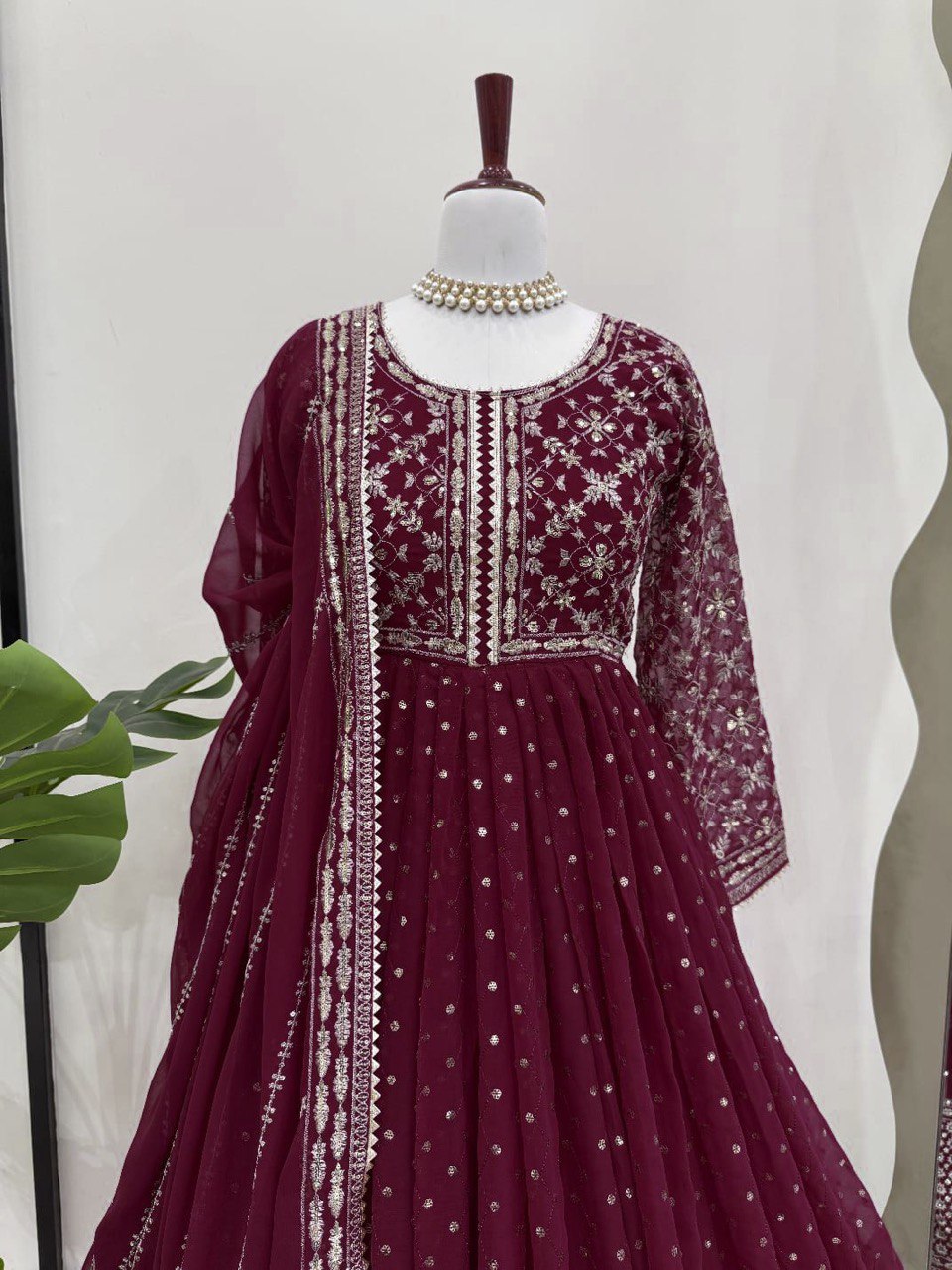 Maroon Glamorous Faux Georgette Gown with Embroidered Dupatta