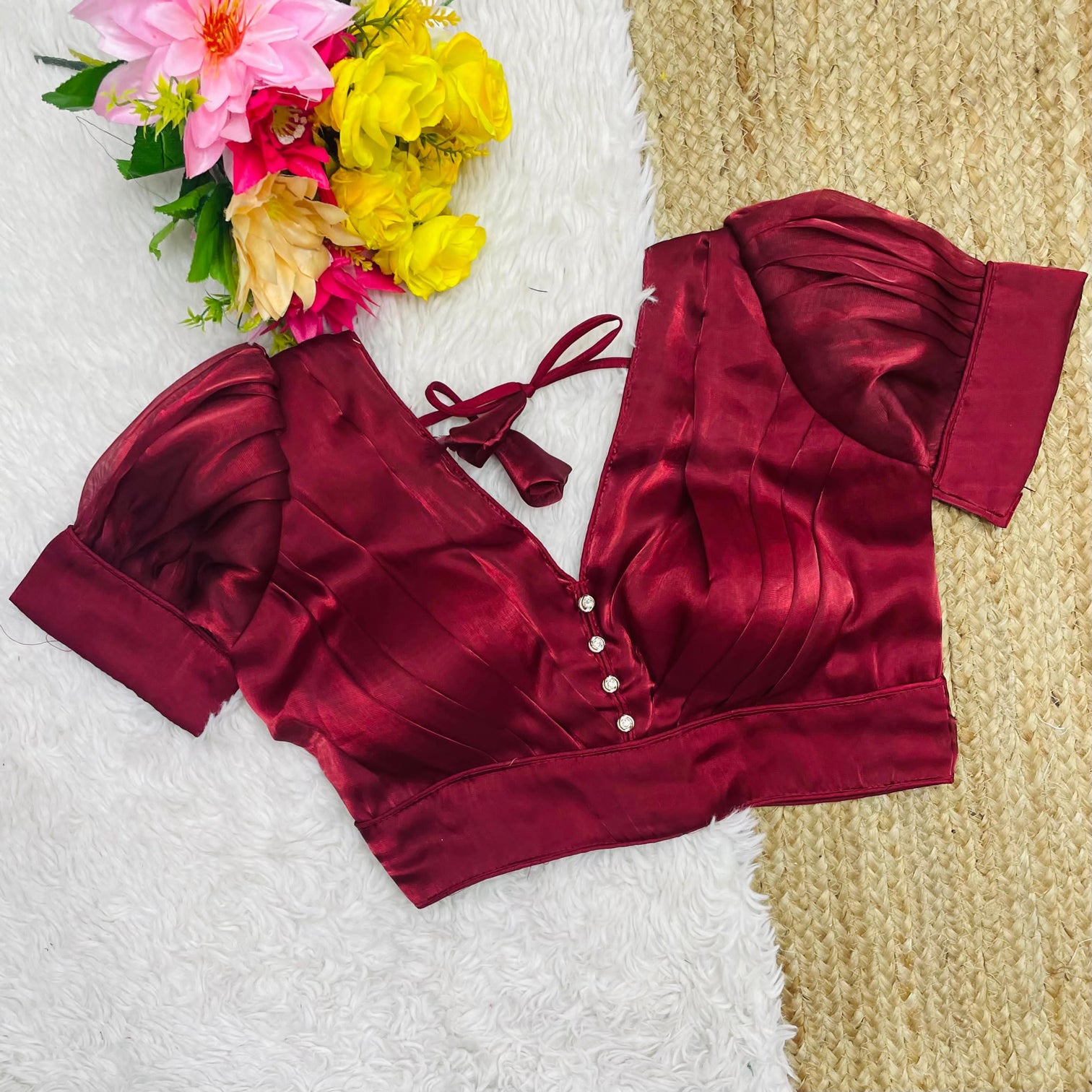 Maroon Glamorous Ruffled Metallic Blouse