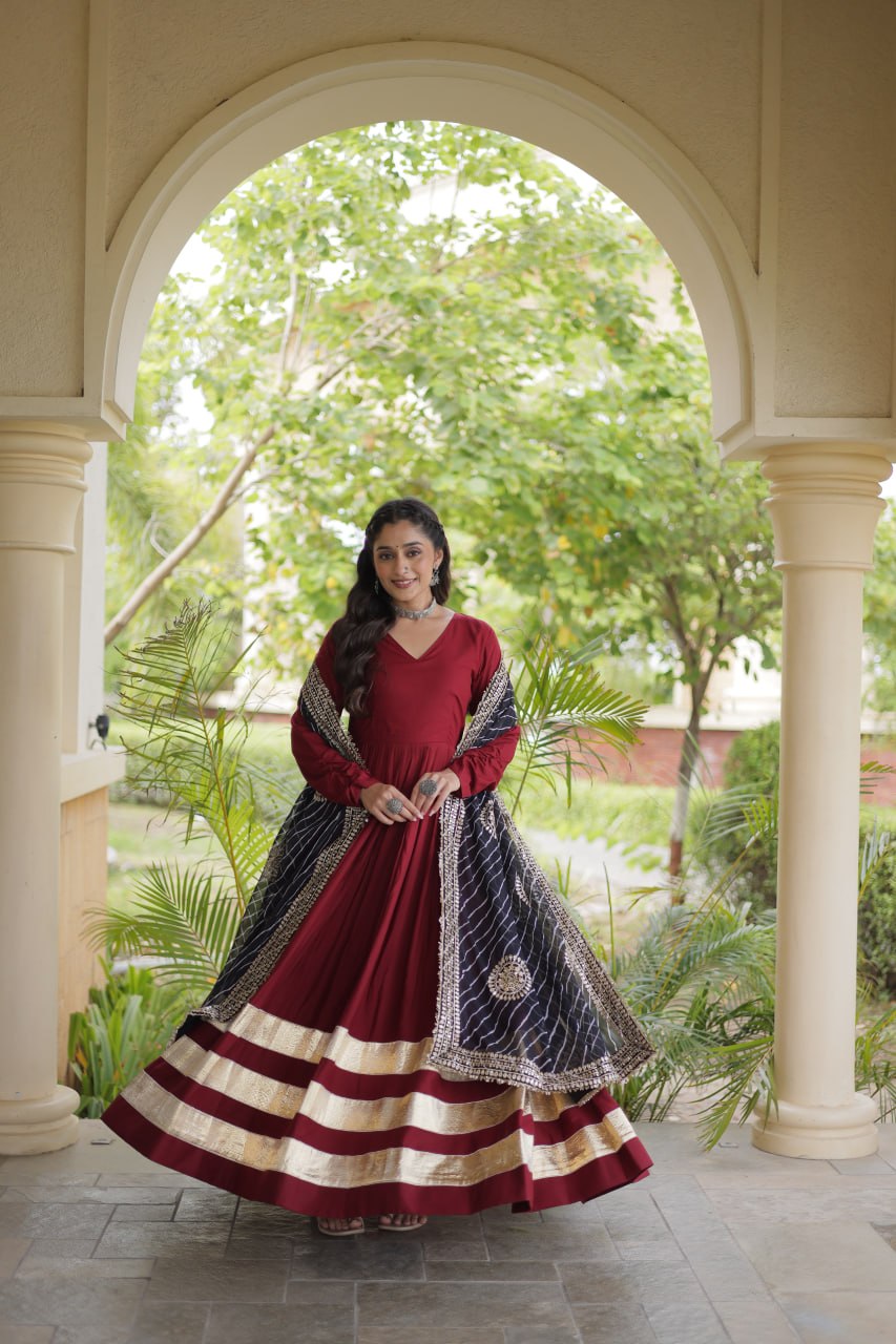 Maroon Gota Patti Gown With Dupatta