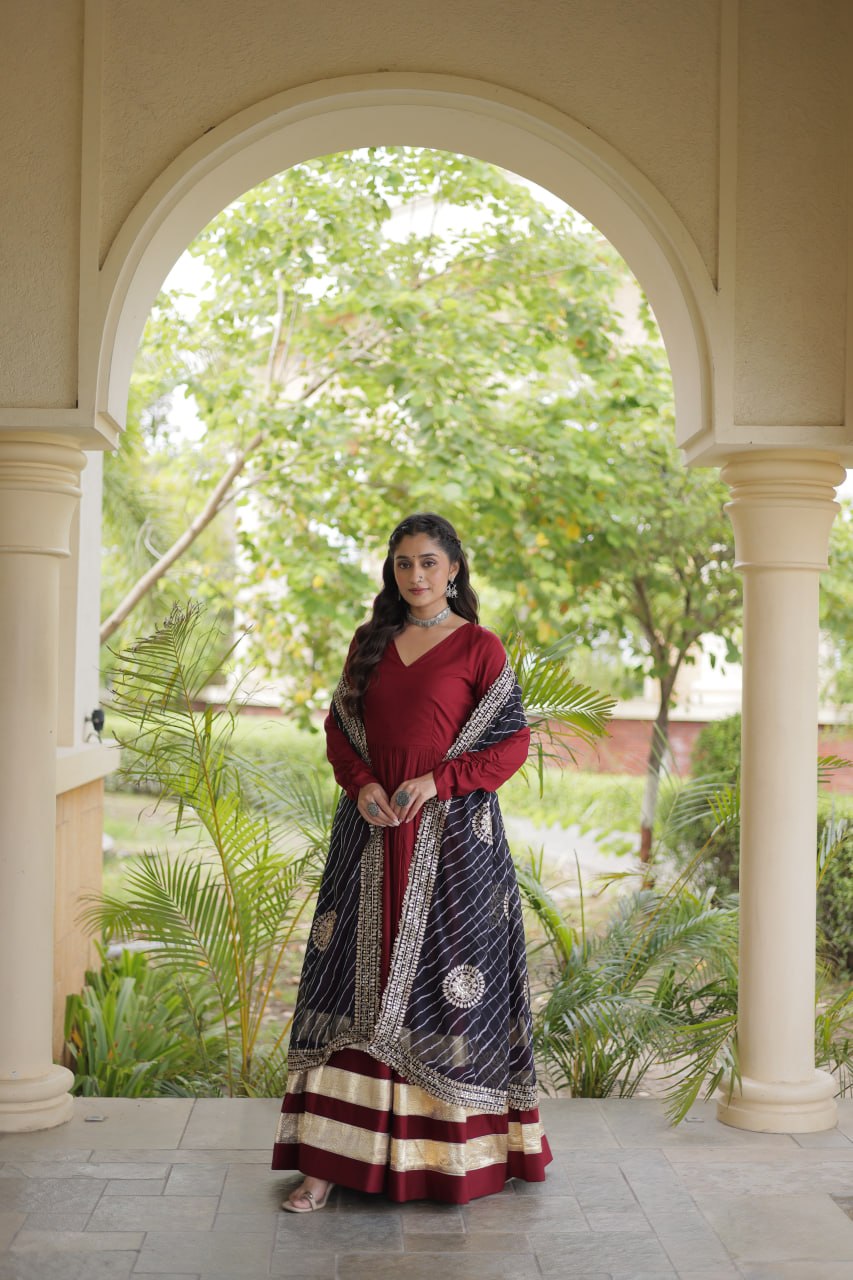 Maroon Gota Patti Gown With Dupatta