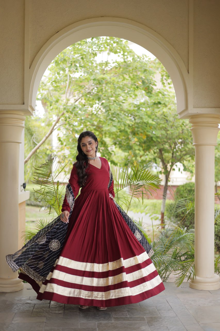 Maroon Gota Patti Gown With Dupatta