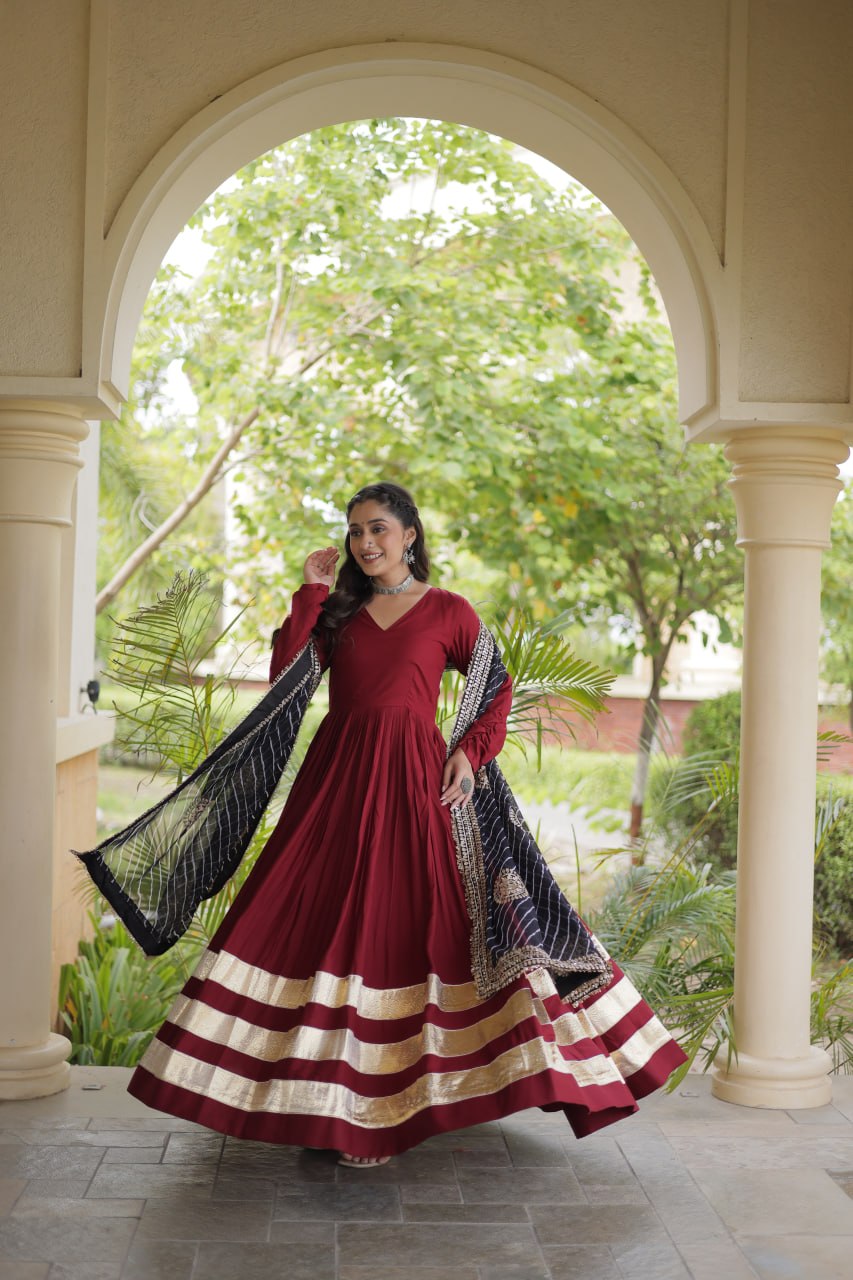 Maroon Gota Patti Gown With Dupatta