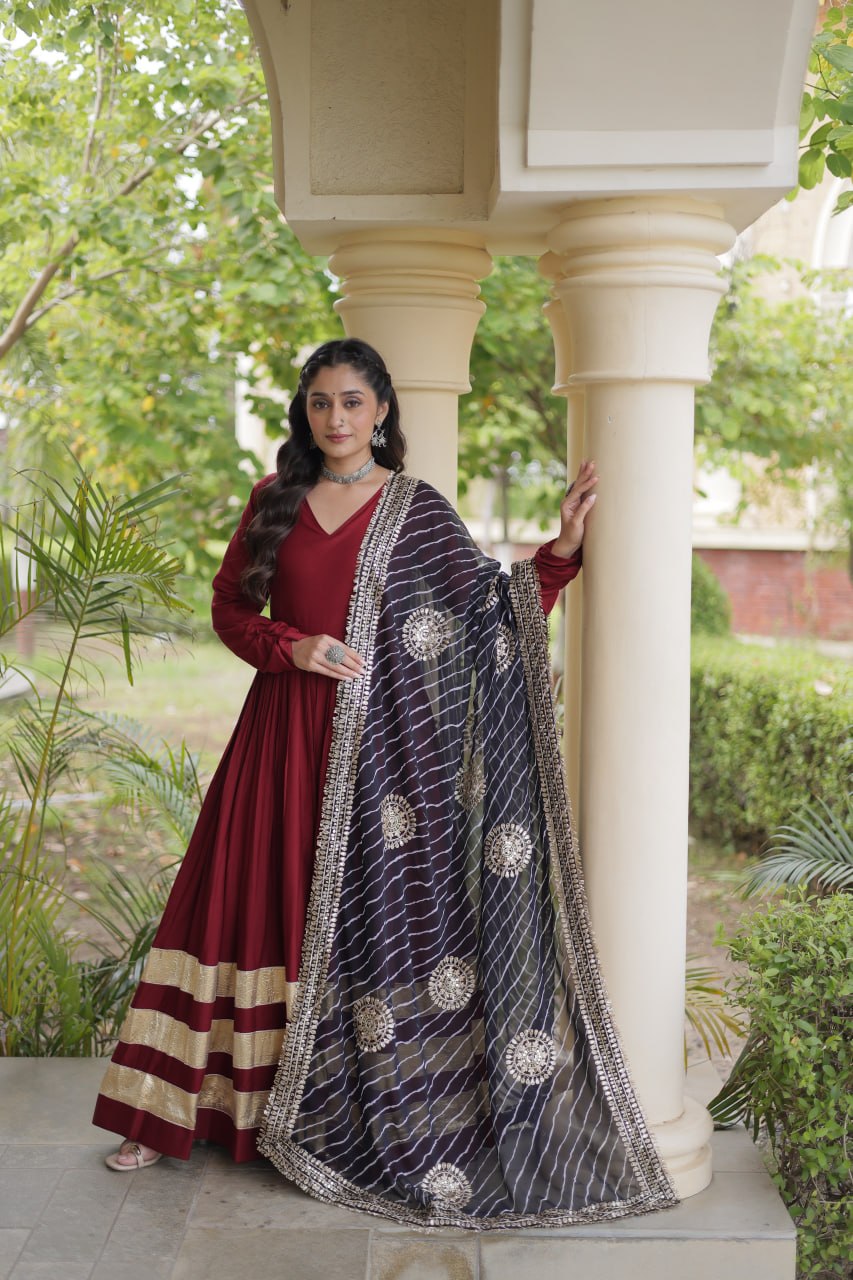 Maroon Gota Patti Gown With Dupatta