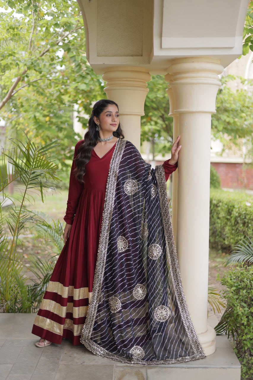 Maroon Gota Patti Gown With Dupatta