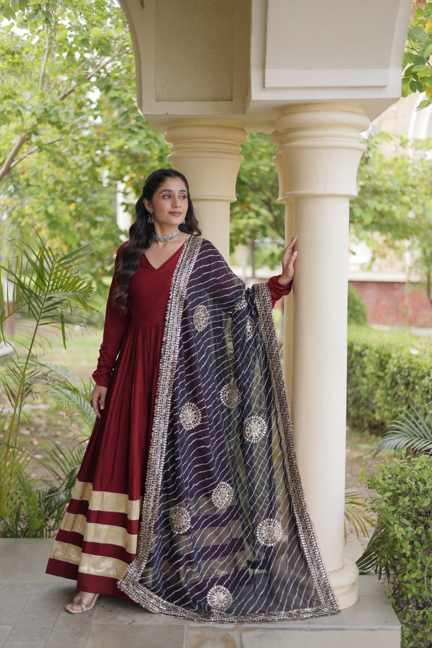 Maroon Gota Patti Gown With Dupatta