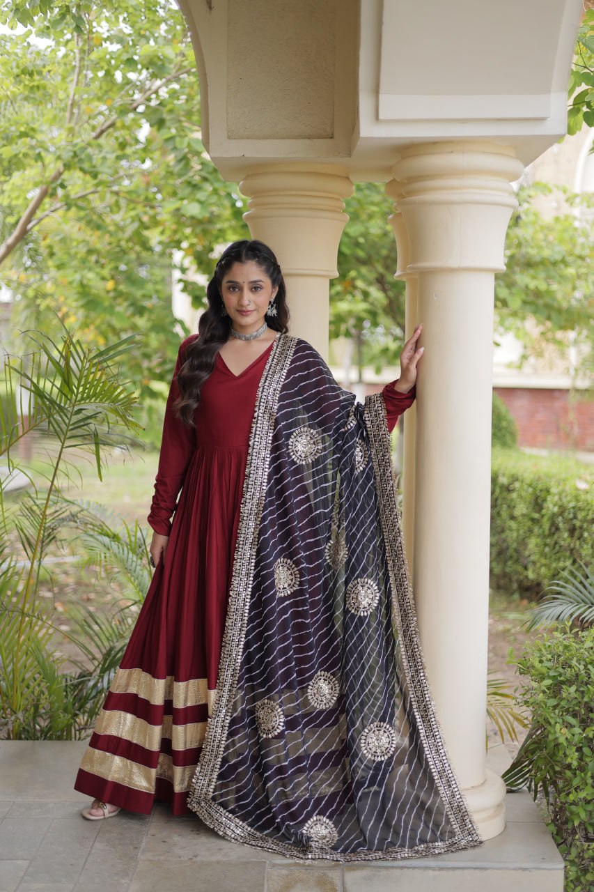 Maroon Gota Patti Gown With Dupatta